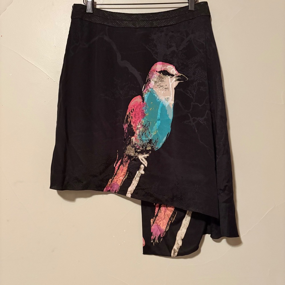 Leifsdottir for Anthropologie Watercolor Bird Print Asymmetrical Silk Skirt SZ 8 - Picture 3 of 8